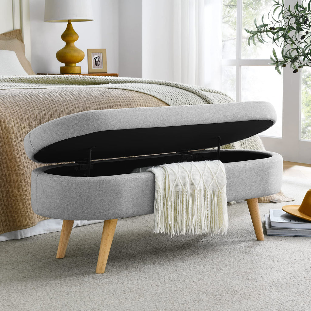 Oval Linen Upholstered Storage Bench with Rubber Wood Legs Y1612