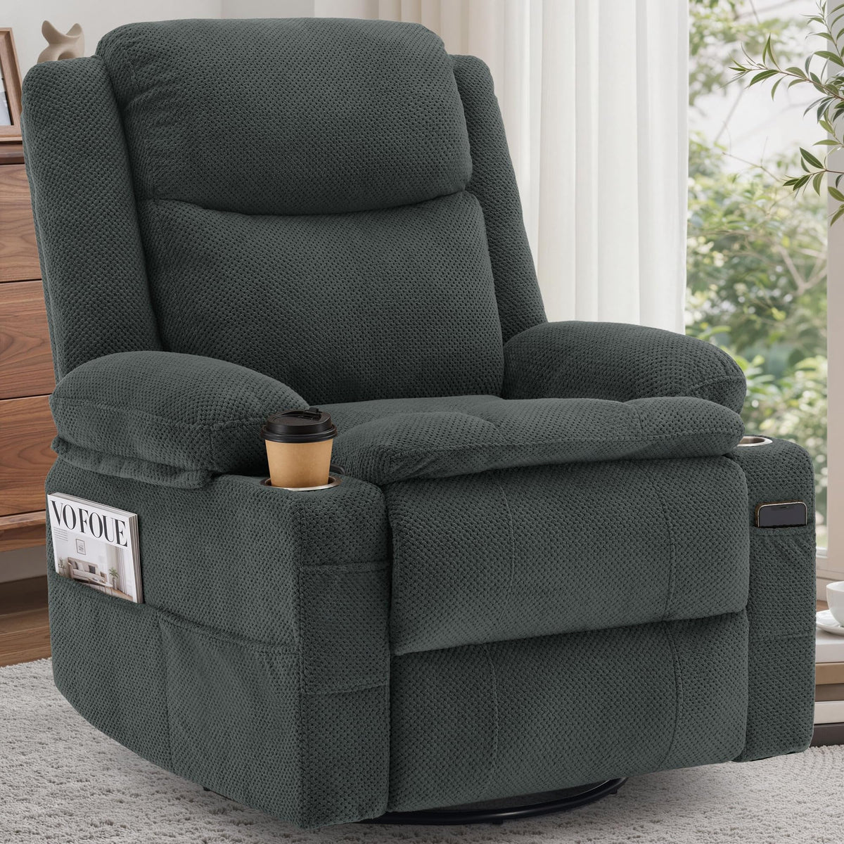 Gray Swivel Rocker Recliner with Massage & Heat Y637
