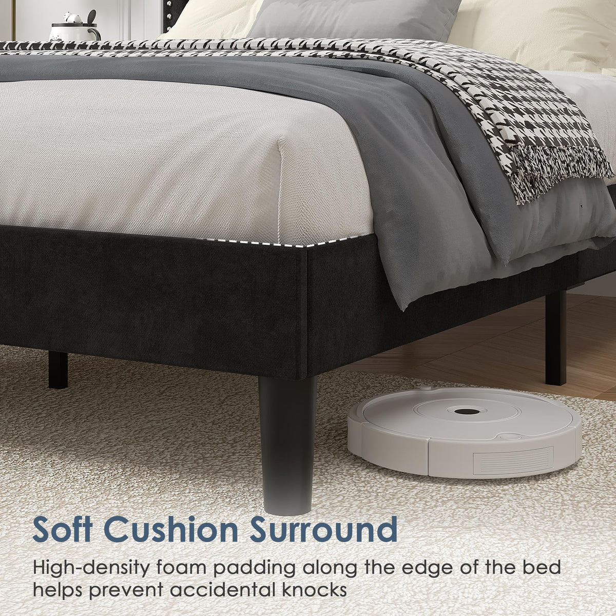 Twin Size Black Platform Bed Frame with Adjustable Upholstered Headboard L6252