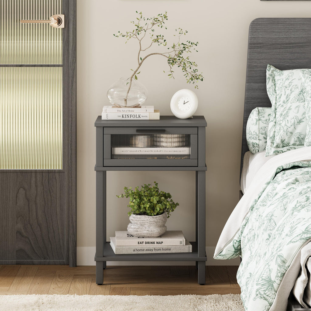 Grey Wooden Nightstand with Drawer and Storage Shelf R623982