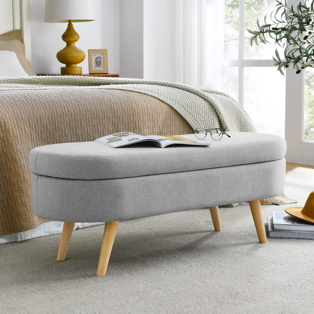 Oval Linen Upholstered Storage Bench with Rubber Wood Legs Y1612