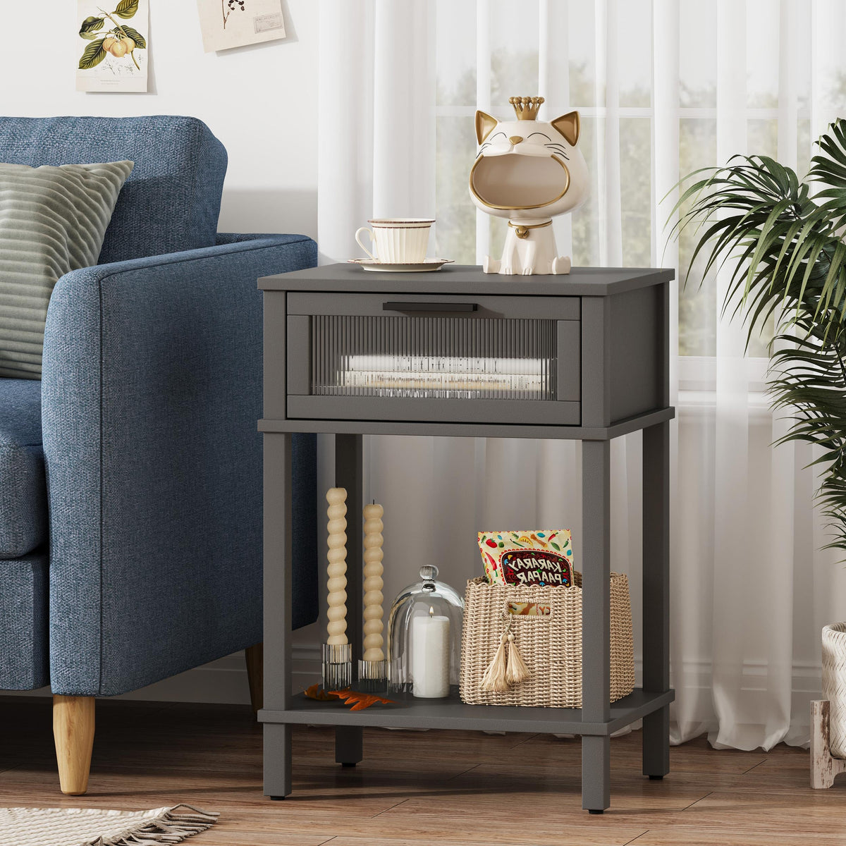 Grey Wooden Nightstand with Drawer and Storage Shelf R623982
