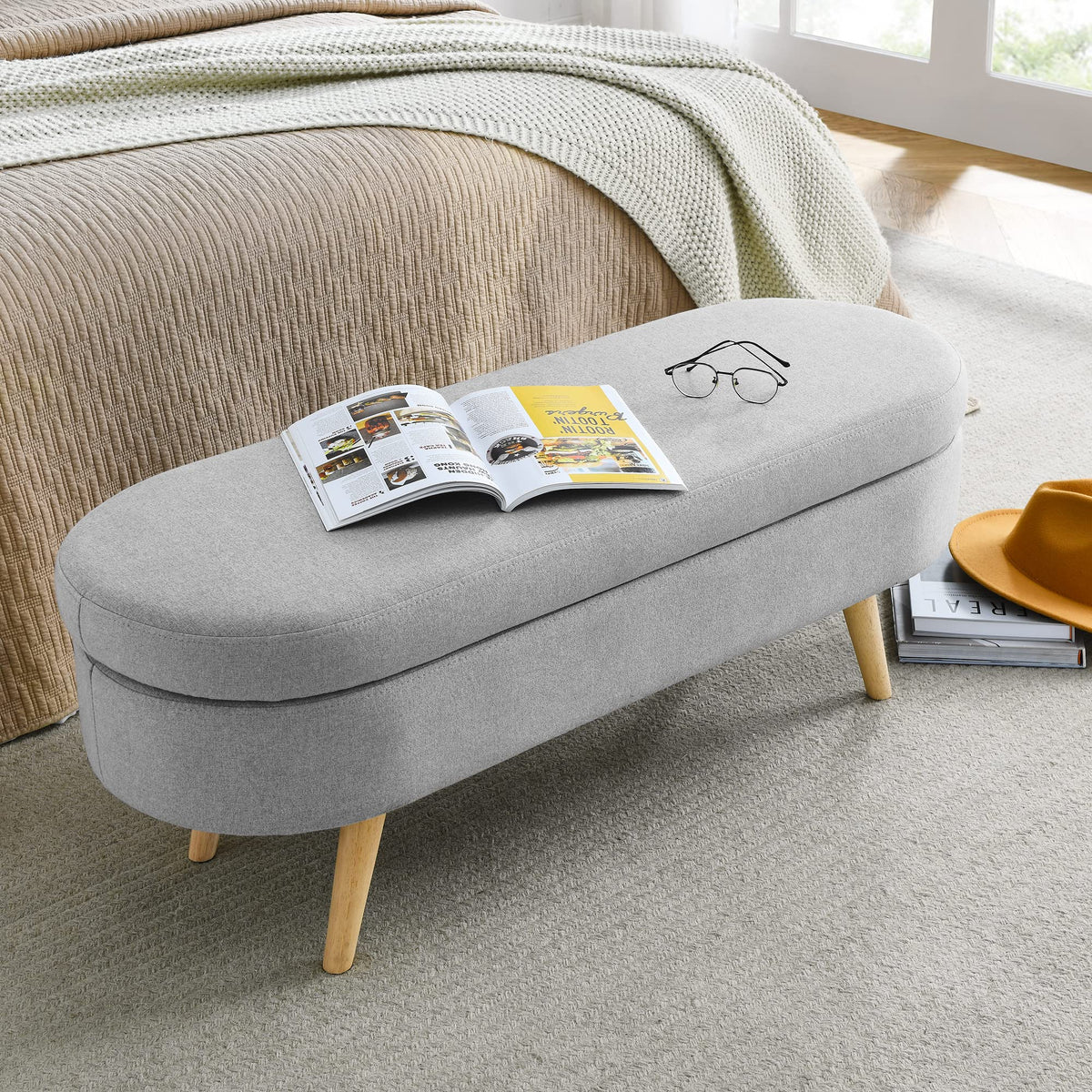 Oval Linen Upholstered Storage Bench with Rubber Wood Legs Y1612