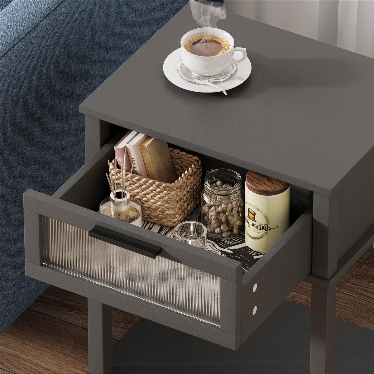 Grey Wooden Nightstand with Drawer and Storage Shelf R623982