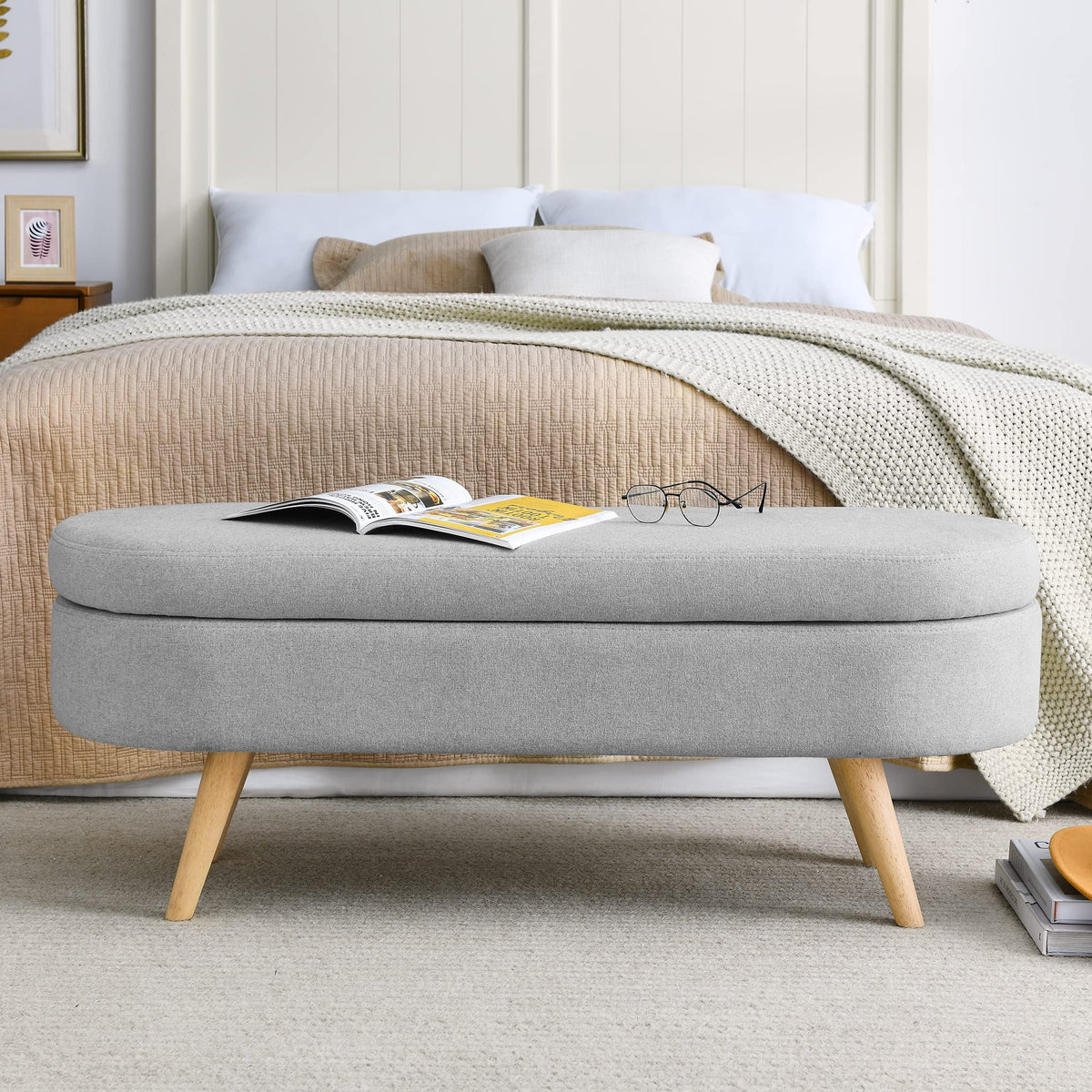 Oval Linen Upholstered Storage Bench with Rubber Wood Legs Y1612